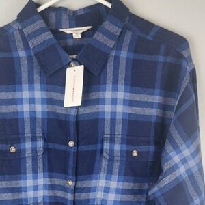 Lucky Brand Womens XL Blue Plaid Cropped Shirt Flannel Button Up Long Sleeve
